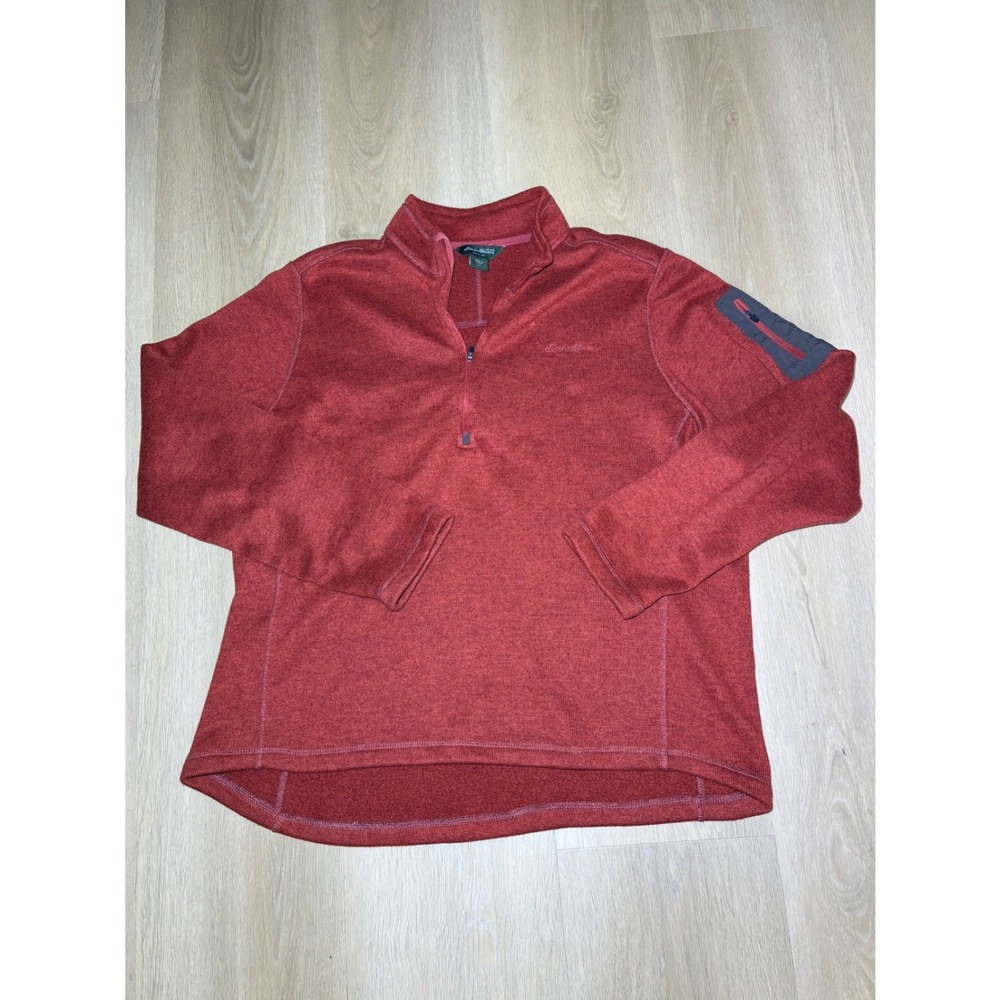 Eddie Bauer Mens XXL Quarter Zip Fleece Pullover Red Heather Sleeve Pocket
